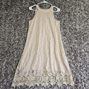 Roxberi Sleeveless Halter A-line Dress Pink Crochet Lace Lined Size L